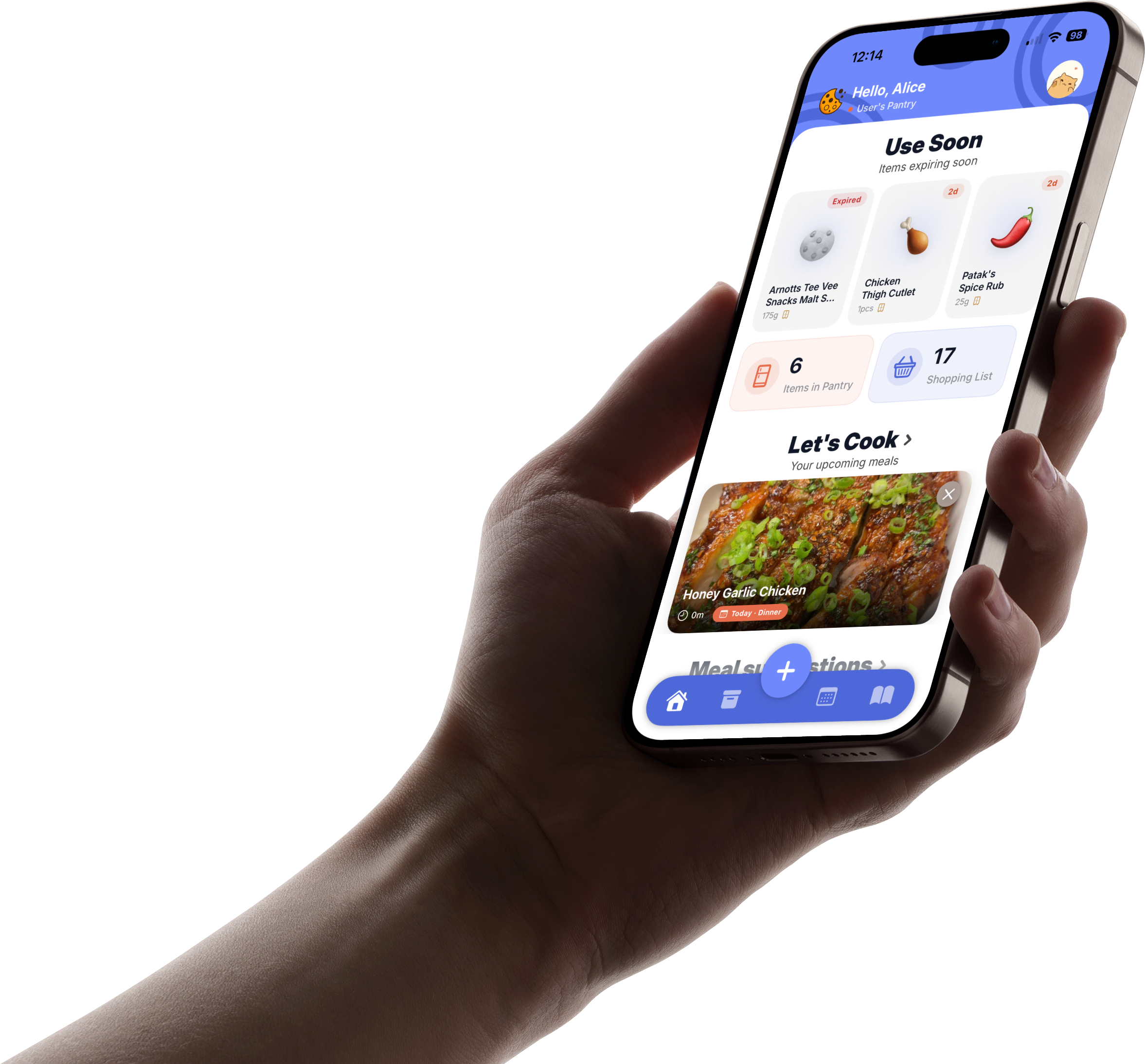Cooki app interface showing pantry management on a smartphone